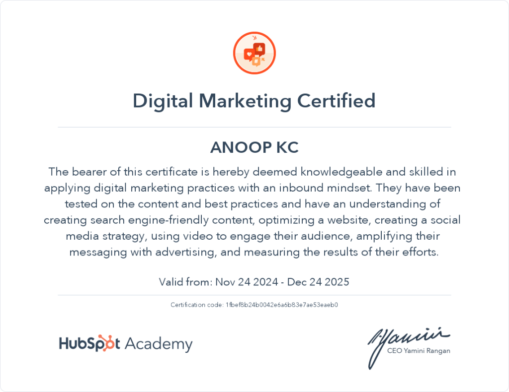 Hubspot certified digital marketing expert kerala