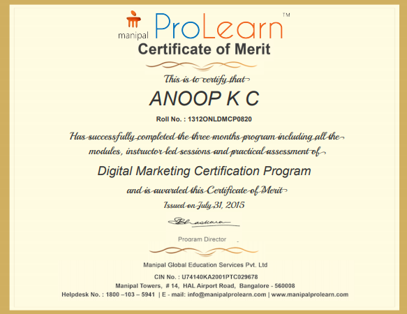 ManipalPro Certified First Digital Marketing Professional Kerala